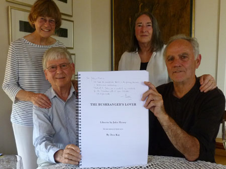 Don Kay and John Honey holding the first copy of the printed opera score, with opera's dedicatees Frances Kay and Maria Honey at the back.