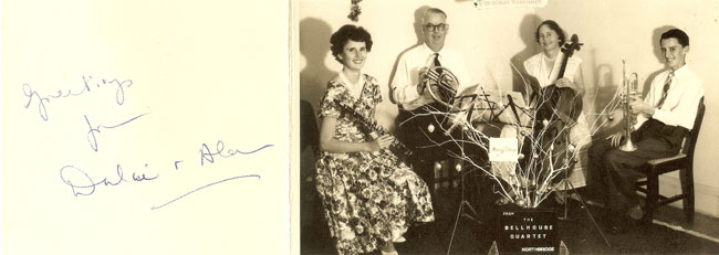 A Christmas Card from the Bellhouse family, with signatures by Dulcie Holland and Alan Bellhouse, and a photo of the family's Bellhouse Quartet.