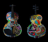 ReVerse Butcher's collage on Paul Davies's semi-acoustic violin - <a href="https://micnet-cdn.s3.amazonaws.com/images/resonate/doorway-violin.jpg" target="blank">larger view</a>.