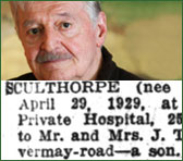 Launceston Examiner announced the birth of Peter Sculthorpe in its May 4th issue in 1929